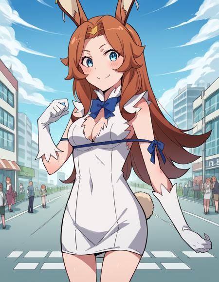 delilah, long hair, brown hair, animal ears, blue eyes, rabbit ears, medium breasts dress, cleavage, cleavage cutout, puffy sleeves, short sleeves,