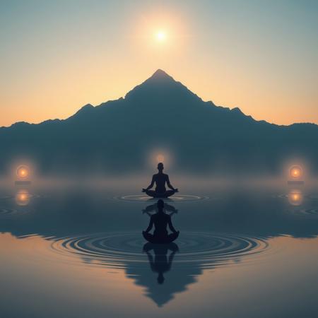 A serene meditation landscape with soft glowing lights, floating sacred geometry, calm water reflections, a meditating silhouette in lotus pose, surrounded by cosmic energy waves, ethereal mist, and gentle sunrise tones — cinematic lighting, ultra high definition, 16:9 aspect ratio, spiritual and peaceful atmosphere, modern and clean style"