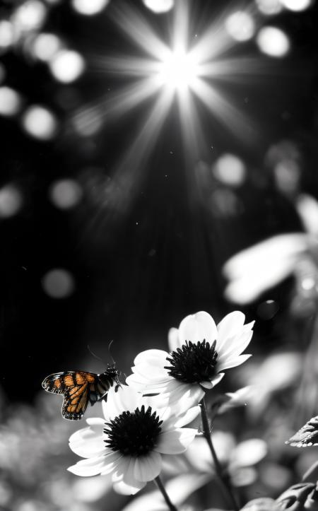 Film noir style ((best quality:1.4)), ((masterpiece:1.4)), (detailed:1.3), 8K, vibrant flower garden in full bloom, diverse species of flowers, rich and varied colors, butterflies and bees hovering, dew-covered petals, (sunlit:1.3), (soft bokeh background:1.4), peaceful and serene atmosphere, intricate leaf and petal details, in the style of Claude Monet, low-angle shot. . Monochrome, high contrast, dramatic shadows, 1940s style, mysterious, cinematic