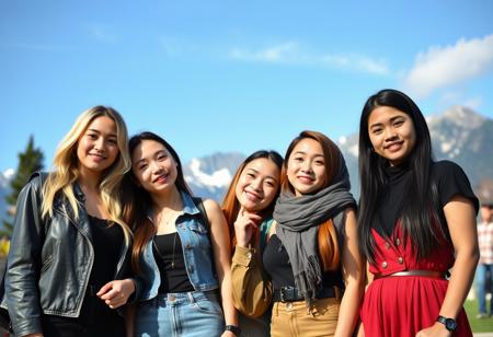a group of four different women,
  one blonde, (one Korean:1.2), one ginger, one Indonesian, college-age, sexy,
  (on the quad of a college campus:1.3), in 2024, in Switzerland, Swiss Alps in the background,
  full-color photograph