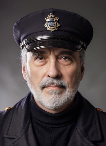 (  <lora:ChristopherLeeOld:.9>) Portrait photo of (clo1) a man with short hair and beard,  Detailed face, (perfect eyes), (realistic matte skin:1.1), perfect body, wearing ((Sailor Officer Costume, Admiral Hat, Double-Breasted Coat, Officer Belt, Knee-High Boots)), Modelshoot style, Professional Photography, soft lighting, PHOTOREALISTIC, Realistic, standing in dark studio background, blurred background, volumetric fog,. RAW, analog style, sharp focus, 8k, HD, DSLR, high quality, Fujifilm XT3, film grain, award winning, masterpiece,