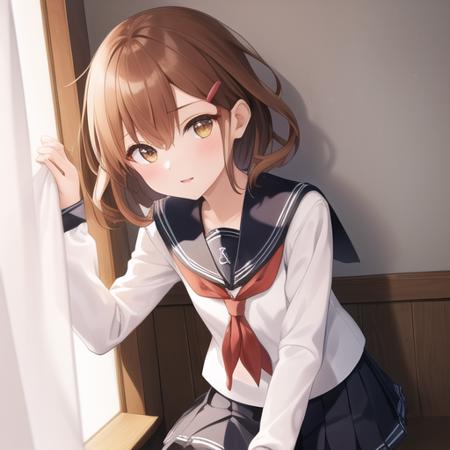 (masterpiece, best quality:1.2),illustration,8k,hd,1girl,solo,upper body,(portrait:1.2),brown_hair,short_hair,hairclip,hair_ornament,brown_eyes,serafuku,school_uniform,red_neckerchief,pleated_skirt,long_sleeves,black_pantyhose,<lora:Ikazuchi>,