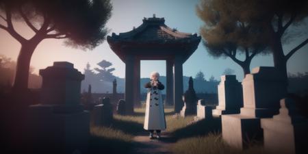 <lora:15MovingMeditations:1>meditation scene: a person standing in front of a cemetery in a video game
