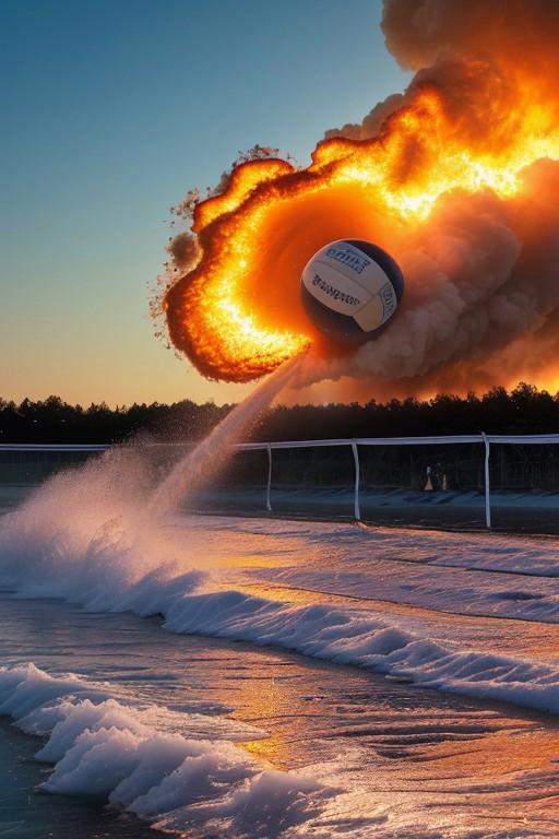 Create a scene of a vibrant beach volleyball court at sunset, where a multicolored volleyball is at the center. (((The ball is engulfed in dynamic, swirling flames on one side and icy blue water energy on the other, as if the elements of fire and water are battling for control. )))The beach sand and waves are in motion, with the ball floating above, showing both flames and water flowing outward. In the background, the volleyball net is slightly swaying in the wind, and the sunset reflects off the water. Everything in the scene, from the ball to the waves and fire, should appear dynamic and alive with energy.