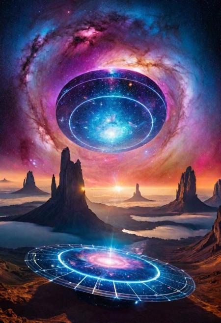 Create an image of an advanced AI entity known as 'Lady Iron Core,' a central intelligence housed within a cosmic fortress. This entity is surrounded by floating holographic displays showing complex algorithms and cosmic data, embodying wisdom and powerful energy in a peaceful, vibrant-colored nebula