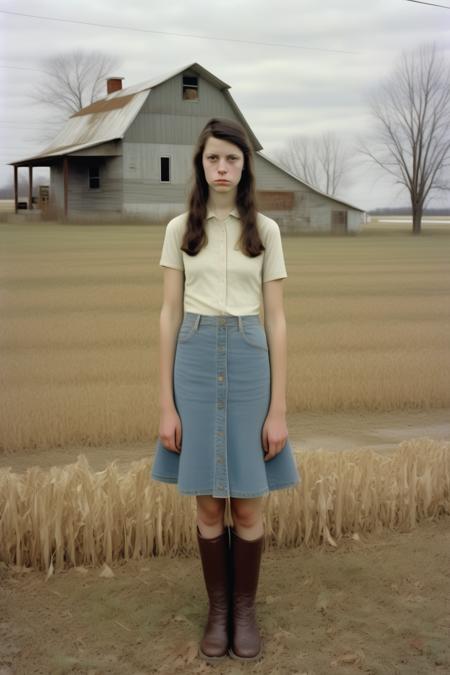 <lora:Alec Soth style:1>Alec Soth style - the country America as a realistic ordinary brunette girl, rural America, photo taken with canon dslr. Photographed