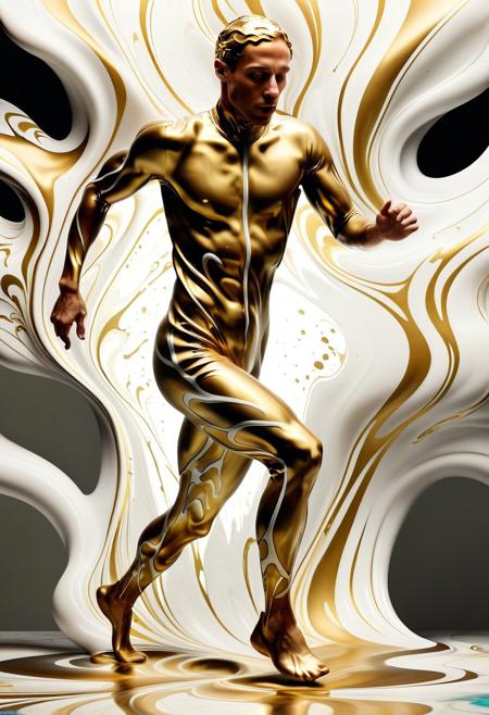 A dynamic and surreal image of a running man in a jogging suit, formed from liquid marble in topaz and gold hues. The figure is ethereal, with the liquid marble dripping, melting, and swirling around the contours of the man’s body. The suit is designed with jagged, fluid lines that give a sense of motion, blending seamlessly into the marbled texture. The swirling patterns emphasize the energy of the run, with the topaz and gold adding warmth and a dreamlike quality to the scene. The man's body is in full motion, capturing both the movement and the fluidity of the material.