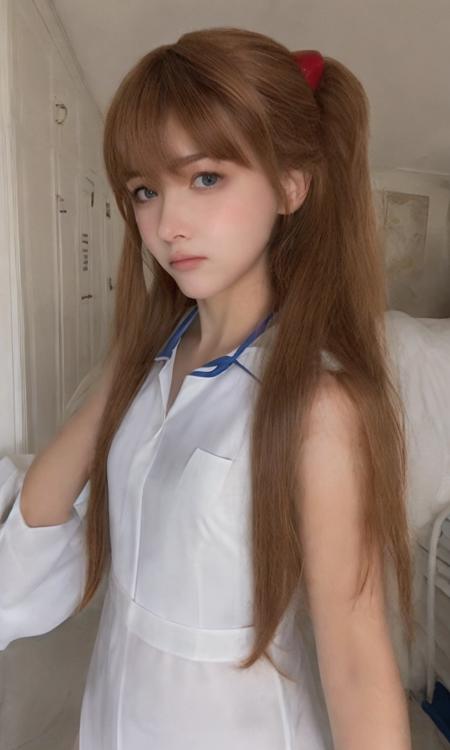 dirya, aska, 1girl, long red hair, beautiful, young, white nurse dress, instagram photo, <lora:dirya:0.8>