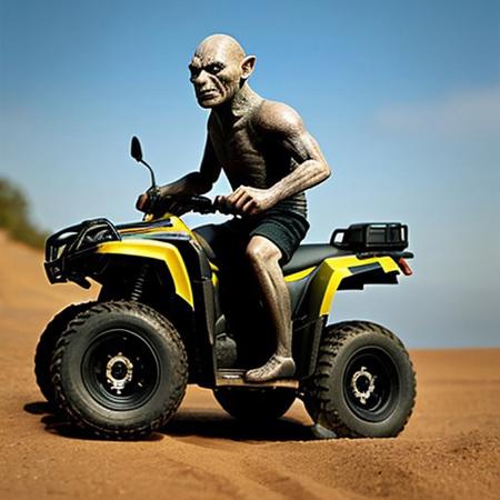 A full body photo of gollum, aka smeagol, he's carrying an Uzi and riding an ATV, 
It looks cute and adorable yet fierce at the same time, realistic, funny, 
highest quality, exceptional accuracy and realism,