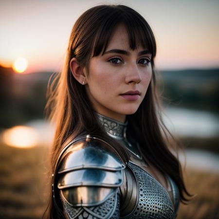 , (masterpiece), (extremely intricate:1.3), (realistic), portrait of a girl, the most beautiful in the world, (medieval armor), metal reflections, upper body, outdoors, intense sunlight, far away castle, professional photograph of a stunning woman detailed, sharp focus, dramatic, award-winning, cinematic lighting, octane render unreal engine, volumetrics, (film grain, blurry background, blurry foreground, bokeh, depth of field, sunset, motion blur:1.3), chainmail