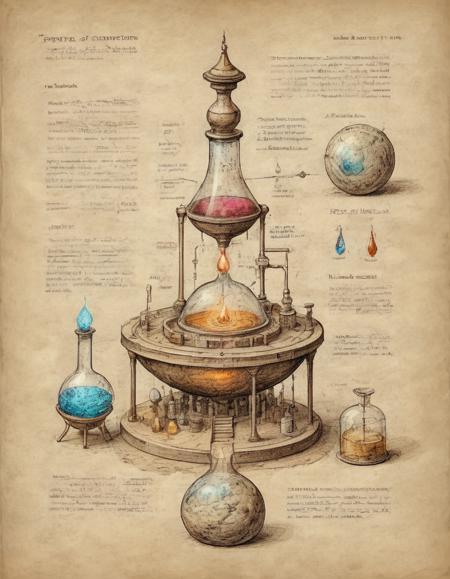 schematic cross-section diagram multi step process for the alchemical distillation of stardust and earth minerals to an elixir of potent magic fantasy potion making annotated ink on pale mottled parchment white and color ink highlight accents isometric marginalia