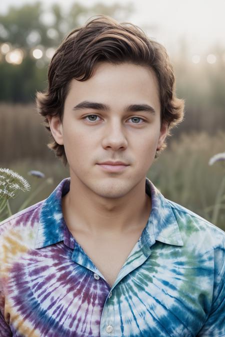 closeup face portrait photo of justin_owen <lora:justin_owen-07:0.75> wearing a tie-dye shirt with vibrant swirls of color, natural, diffused sunlight to give a warm and ethereal glow, serene and introspective mood, bed of wildflowers