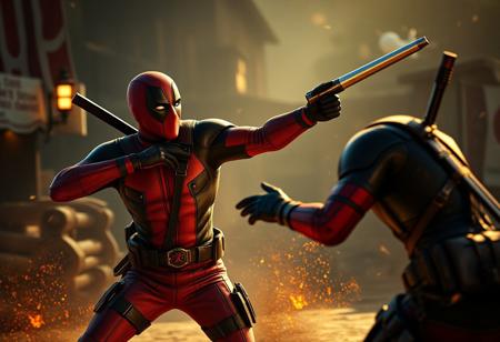 Deadpool fighting in WW2, WW2 inspired outfit, best quality, highres, cinematic lighting