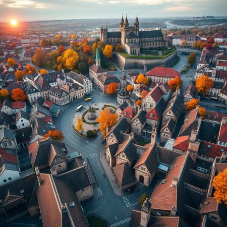 Create a photorealistic image of a photograph capturing an aerial view of an old European city.
The image shows a top-down bird’s-eye view of a historic city in Central Europe, displaying its urban layout. The cityscape features a variety of tiled rooftops, some with turrets, gables, and other architectural details. Narrow winding streets weave through the city, with some wider roads visible as well. Several town squares and old churches can be seen, along with a single town hall. A winding river flows through the city center, adding to its charm. Small parks and green spaces are scattered throughout.
The city is full of life, with bustling shops, people, and various modes of transport. Trams are visible on some streets. The terrain is slightly uneven, with gentle elevation changes. On a hill, a medieval fortress with towers and stone walls stands proudly, overlooking the city.
The season is autumn, with trees displaying vibrant yellow, orange, and deep red leaves. The lighting is soft and warm, indicating early evening but not yet twilight. The sun is low on the horizon but remains hidden behind a thin layer of clouds, casting a gentle, diffused glow over the city.