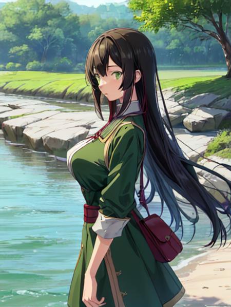 best quality, masterpiece, highres, detailed, <lora:Detail - add_detail:0.2>, digital illustration, ShinonomeSatsuki, long hair, black hair, green eyes, red hair ornament, green dress with white breast pouch, <lora:Character - ShinonomeSatsukiV2:0.8>, river banks, from side, looking across river,