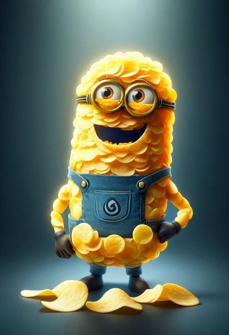 Minion minion(masterpiece, best quality, ultra-detailed), xiaohuangren, glasses, blue denim strap pants, <lora:xiaohuangren_v6-000017:0.8>, minions, (masterpiece, best quality, ultra-detailed),xiaohuangren,goggles,blue denim strap pants,minions,revice driver, p1nkch1ps, made out of potato chips,text( "Potato Chips":1.1), A fun party scene with bowls of potato chips and the text "Potato Chips" glowing brightly, minion minion, minion