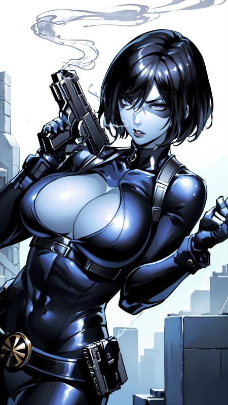 dono a woman, black and white skintight costume, gray skin, black spot on left eye, short black hair, one white strand of hair, blue eyes, black boots, a woman, black skintight costume, gray skin, black spot on left eye, short black hair, blue eyes, belt,