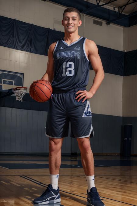 basketball gym, high ceiling, hardwood floor, basketball court, DrakeTyler, basketballplayer, basketball uniform, (dark blue jersey:1.4) with gray trim, (dark blue   shorts:1.4) with gray trim, dynamic movement, ball, white socks, dark blue sneakers, smiling, masterpiece, (((full body portrait))), full body shot, wide angle   <lora:Clothing - Sexy Basketball Player:0.45>   <lora:DrakeTyler:0.75>