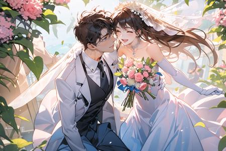 1girl, 1boy, dress, brown hair, wedding dress, jacket, hetero, necktie, couple, smile, strapless dress, closed eyes, pants, strapless, veil, flower, long hair, holding, jewelry, gloves, shirt, necklace, bouquet, white pants, holding bouquet, white dress, blue eyes, white shirt, open jacket, holding hands, elbow gloves, white gloves, white jacket, pink necktie, bridal veil, white background, wedding, husband and wife, long sleeves, long dress, pink flower, floating hair, short hair, standing, open clothes, collarbone, sleeveless <lora:hunli:0.6>