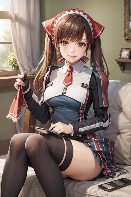 (masterpiece, best quality:1.2), <lora:valkyriachronicles_melchiott-11:0.8>, solo, 1girl, alicia melchiott, smile, looking at viewer, sitting, twintails, headdress, military uniform, necktie, thighhighs