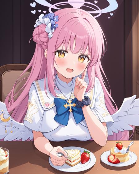 mika \(blue archive\),1girl, wrist_scrunchie, solo, halo, single_side_bun, black_scrunchie, parfait, holding, white_dress, heart, table, blue_bow, blush, sitting, capelet, strawberry, spoon, open_mouth, breasts_on_table, white_wings, hair_flower, dessert, hand_on_own_cheek, bowtie, speech_bubble, :d, angel_wings, ^_^, sparkle
<lora:mika_(blue_archive)_image1356_2023-11-18_spv-000030:1>,halo,. gorgeous,key visual, vibrant, studio anime,award-winning, professional, highly detailed,high budget, cinemascope