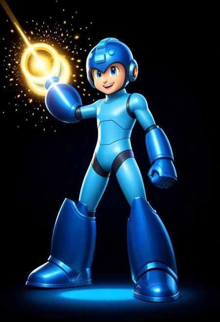 Character,megaman, blue bodysuit, thick blue round armored gauntlet, thick blue round armored boots, right arm buster cannon, blue helmet, sleek streamlined designed, bright blues clean aesthetic robotic, fullbody, full body shot, cartoon style, proud face, excited pose, in the style of golden future. Black background, sparks are flying as meteor shower, colored baroque geometric patterns float around the canvas in the style of colorful digital art, neon lights, surrealism, high contrast, vibrant colors, psychedelic patterns, ethereal glow. The overall mood should be one of happy tomorrow and hopefull beauty