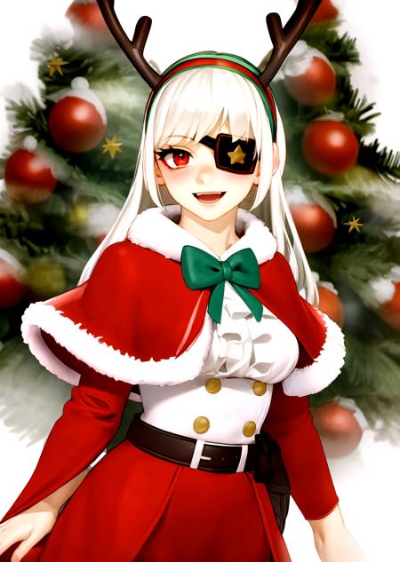 1girl,smile, kairunoburogu, simple background,young,small_breast,
1girl, solo, christmas, long hair, eyepatch, fur trim, red eyes, santa costume, antlers, capelet, bow, hairband, looking at viewer, white hair, simple background, red capelet, belt, grey hair, smile, fur-trimmed capelet, fake antlers, white background, dress, long sleeves, bangs, skirt, blush, bowtie, closed mouth, upper body, star (symbol), open mouth, frills, reindeer antlers, breasts, standing, christmas_background, cape, red dress, medium breasts, red skirt, long,christmas_tree,hair,patyhose,black_patyhose,
<lora:kairunoborugu_v1:1> <lora:Kairunoburogu:0.2>  <lora:reinaFortnite-09:0.5>