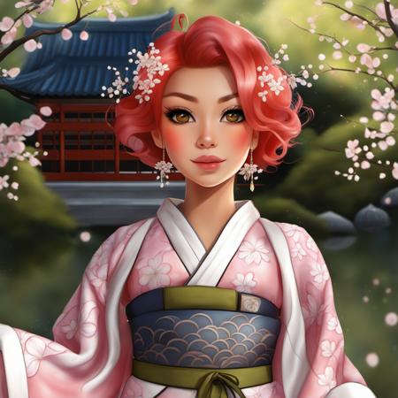 An upper-body photo of a  artgerm style  <lora:artgerm_style-000005:1> lady with delicate cherry blossom hair, each petal rendered in astonishing detail, set against a magical Japanese garden in full bloom. The lanterns cast a soft glow, illuminating her porcelain skin and the intricate patterns of her silk kimono (ultra-high resolution textures). A gentle breeze carries sakura petals around her, creating a dynamic, swirling dance (hyperdetailed:1.15). The scene is both tranquil and alive, capturing the essence of spring's fleeting beauty (highest detailed, HDR+)