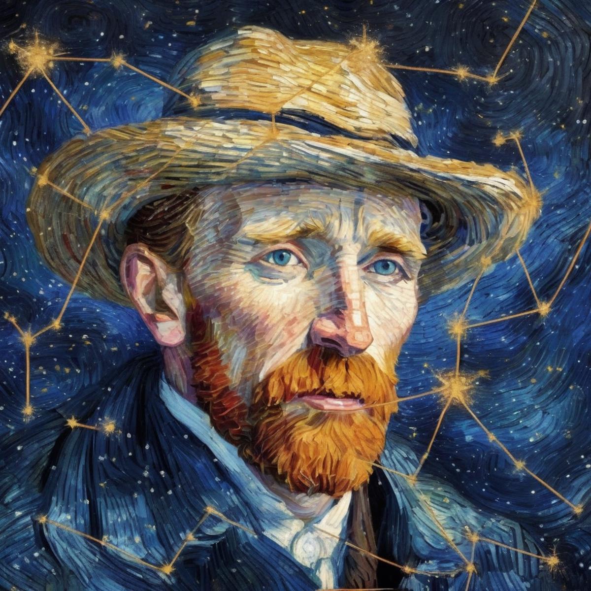 A man with a beard and hat, painted in a Van Gogh style, with a blue background and stars in the background.