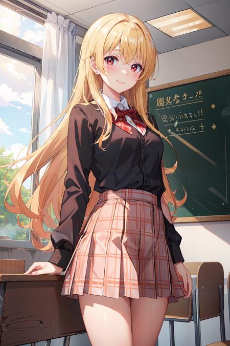 (masterpiece, best quality:1.4), looking at viewer, cowboy shot, smile, blush, school uniform, plaid skirt, yue, blonde hair, long hair, red eyes, indoors, classroom, <lora:yue_v1:0.5>