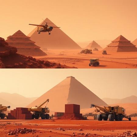red dirt, Mars, flying construction equipment building massive red pyramids, ground constructon equipment processing red dirt, red dirt blocks being moved by robotic construction equipment. wide-area shot
Bottom Image caption: "MARS COLONY 1"