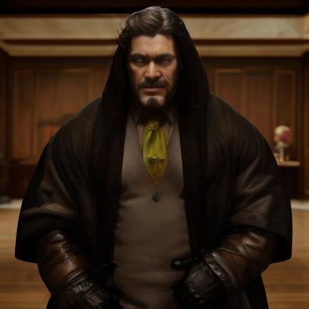 1man, middle-aged man, handsome, redefined, muscular body, wearing Black Hoodie, HD, High Quality, 4k Resolution, hannemanFE, gloves, long sleeves, necktie, coat, beard, mustache, monocle, muscular