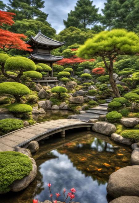 (masterpiece),
A zen japanese garden, water,
ultra realistic, HDR, intricate details,