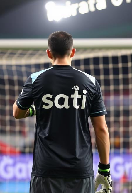 photorealistic,Photo of the back of the goalkeeper wearing a shirt writed with Thai language that says "sati",Taken from behind goal