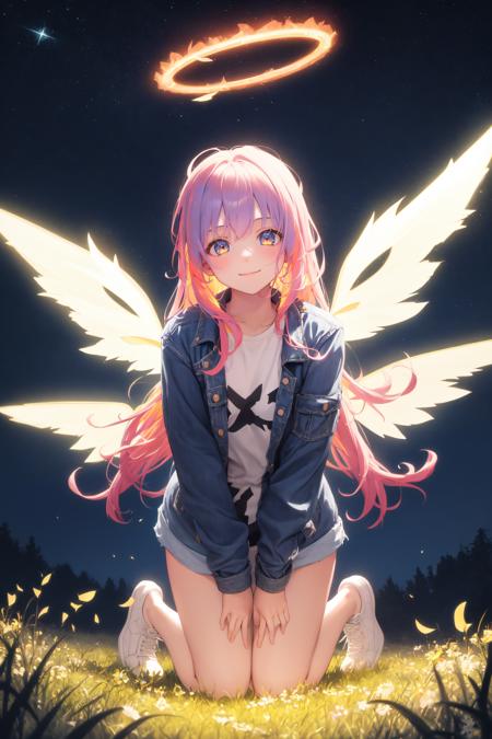 halo,1girl,masterpiece, best quality,incredibly absurdres,long hair,(((glowing colorful meadow))),fantasy colorful,starry sky,night sky,kneeling,hiding,glowing effect,denim,loose jacket,looking at viewer,white shoes,close view,facing viewer,glowing eyes,glowing wings,smile,closed mouth