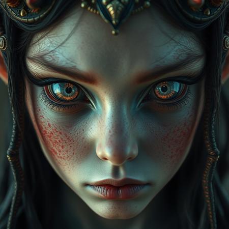 Ethereal demon girl, Reflective eyes capture unseen worlds. Hyper-detailed textures, surreal atmosphere