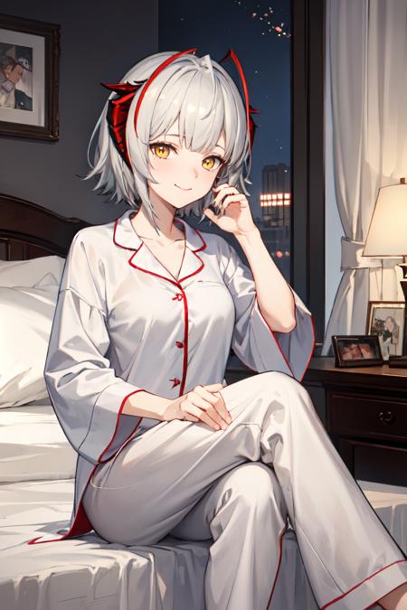 <lora:w_arknights:0.7>w arknights,  1girl, yellow eyes, short hair, grey hair, solo, demon horns, pajamas, sleepwear, bedroom, bed, sitting, crossed legs, smile facing viewer, depth of field, bokeh, telephoto