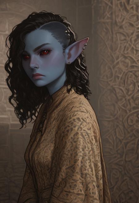 safe_pos, solo, short pointy ears, piercings, nord woman, random elf face, aquiline features, dark elf, weathered skin, large nose, animated realism, zoomed out, Syrian features, torso, brass pipes and gears, intricate architecture, dwarven masonry, dwemer fixtures, white-green light, gloomy lighting, ancient ruins, interior, stone tiled floor, grey-blue skin, mahogany and ivory clothes, medium armor, bone plate armor, ivory straps and fittings, grey wood neckguard, dark red sclera, black pupils, distant mushroom forest, blue-green light, neon, highly detailed, defined features, looking at viewer, three quarters view, from side, dynamic lighting, 36 years old, light and shadows, patterned cloth, annoyed expression, expressive eyes, detailed medieval clothes, medium_breasts, medium hair, wavy hair, thick hair, beaded hair, braided hair, under cut hair, semirealistic, alien elf, spanish features, jewish features, black hair, dark red hair, umber skin, sharp features, red persian print cloak, nighttime, high detail, absurdres, pretty eyes, detailed eyes, red eyes,