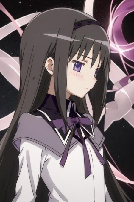 best quality, masterpiece, highres, solo, {akemi_homura_puellamagimadokamagica:1.15}, black_hair, long_hair, hairband, purple_eyes, blush, 1girl, magical_girl, profile