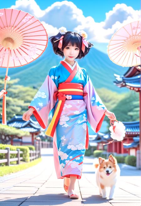 Disney animation style animation, illustration of a adult 25yo. chun momo, wearing a kimono, japanese geisha, walking in a japanese, park, candy cotton clouds, cute dog puppy,,,. Bright colors, fluid motion, charming characters, wholesome storytelling, hand-drawn animation