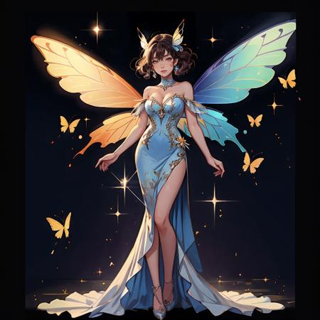 masterpiece,best quality,Butterfly-elves,1girl,angel,angel wings,bare shoulders,blue wings,breasts,brown hair,bug,butterfly,butterfly wings,cleavage,closed mouth,diffraction spikes,dress,fairy,fairy wings,feathered wings,full body,glint,glowing,glowing wings,insect wings,jewelry,large wings,long hair,medium breasts,multicolored wings,multiple wings,solo,sparkle,sparkle background,sparks,spread wings,standing,strapless,strapless dress,transparent wings,white wings,wings,yellow wings,<lora:Butterfly-elves:0.8>,