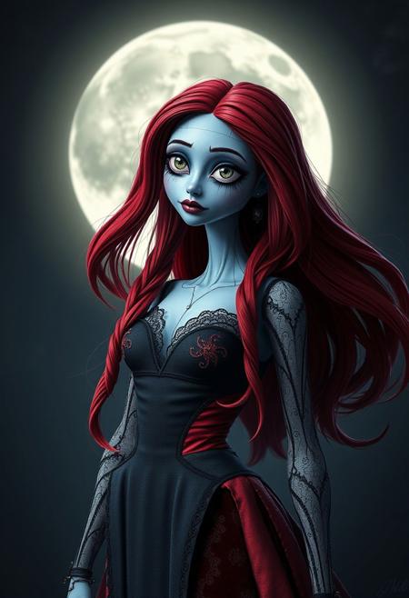 "Adonna" A stunning reimagining of Sally from The Nightmare Before Christmas, designed as a beautiful and stylish figure while maintaining her iconic stitched-together appearance. She has soft, pale blue skin with intricately detailed stitches running across her body, stitched mouth, now resembling elegant embroidery. Her long, flowing red hair cascades like silk, catching subtle glints of moonlight. She wears a modern, high-fashion gown inspired by her patchwork dress, redesigned with a sleek silhouette and bold, contrasting textures, blending delicate lace, velvet, and satin in deep, moody hues like midnight blue, crimson, and black. The background is a softly lit, ethereal scene with a full moon glowing behind her, surrounded by whimsical swirls and patterns reminiscent of Tim Burton’s aesthetic. Her eyes are large and expressive, framed with delicate eyeliner and a subtle shimmer, conveying both mystery and charm. Dramatic lighting enhances her features and highlights the textures of her ensemble, creating a dreamlike and gothic-chic ambiance.