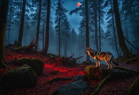 Hyperrealistic scene of a spooky:1.2 forest in the Black Forest of Germany, under a cloudy sky lit by a red moon, with ultra-detailed twisted and gnarled trees casting long, sinister shadows, and a dense fog spreading across the ground, creating an eerie, gothic atmosphere of terror. In the foreground, on a large rock, next to a stream, a realistic and detailed wolf howls, looking directly at the moon, still covered in bloody saliva, in great detail, from a recently devoured prey. Captured with a Canon EOS R5 and an 85mm f/1.4 lens, wide depth of field, sharp focus, ultra-high resolution, 8k, HDR, natural lighting, perfect exposure, soft shadows, volumetric light, sharp details, high dynamic range, In the style of National Geographic with a gothic and horror touch.