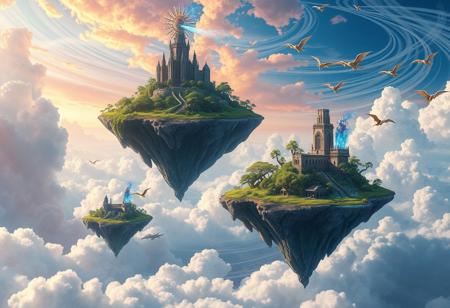 ((blue, orange, pink, sky)), clouds, swirling, 3 floating continent sized islands, the islands are floating high above the ocean, the islands are floating gracefully, the islands are spaces apart, crystals are floating around the islands, eastern dragons are flying between the islands,mountains on floating islands, massive forests on floating islands, jungle trees, vines, beautiful plants, ruins on floating islands, castle ruins, bridge ruins, tall spires on floating islands, crumbling spires, large crystals above spire, blue crystals , red crystals , floating crystals , crystals floating in sky, trees on floating, exposed earth underneath floating island, dragons flying in sky, dinosaurs on floating islands, jungle ruins, landscapes, eastern dragon, intricate details, background colourful, cloud streams, dynamic, vibrant colours, high quality, detailed, realistic, beautiful,