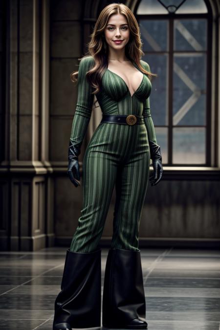 ((Masterpiece, best quality, cinematic lighting, 8k, full body shot, long hair, hour glass body)), (smile:0.85), (realistic background)
 <lora:Striped_JumpSuit_By_Stable_Yogi:1> emerald striped jumpsuit, belt, gloves, boots, cleavage
<lora:Detail Slider V2 By Stable :0.4> <lora:NOISEOFFSET_V2_BY_STABLE_YOGI:0.4>