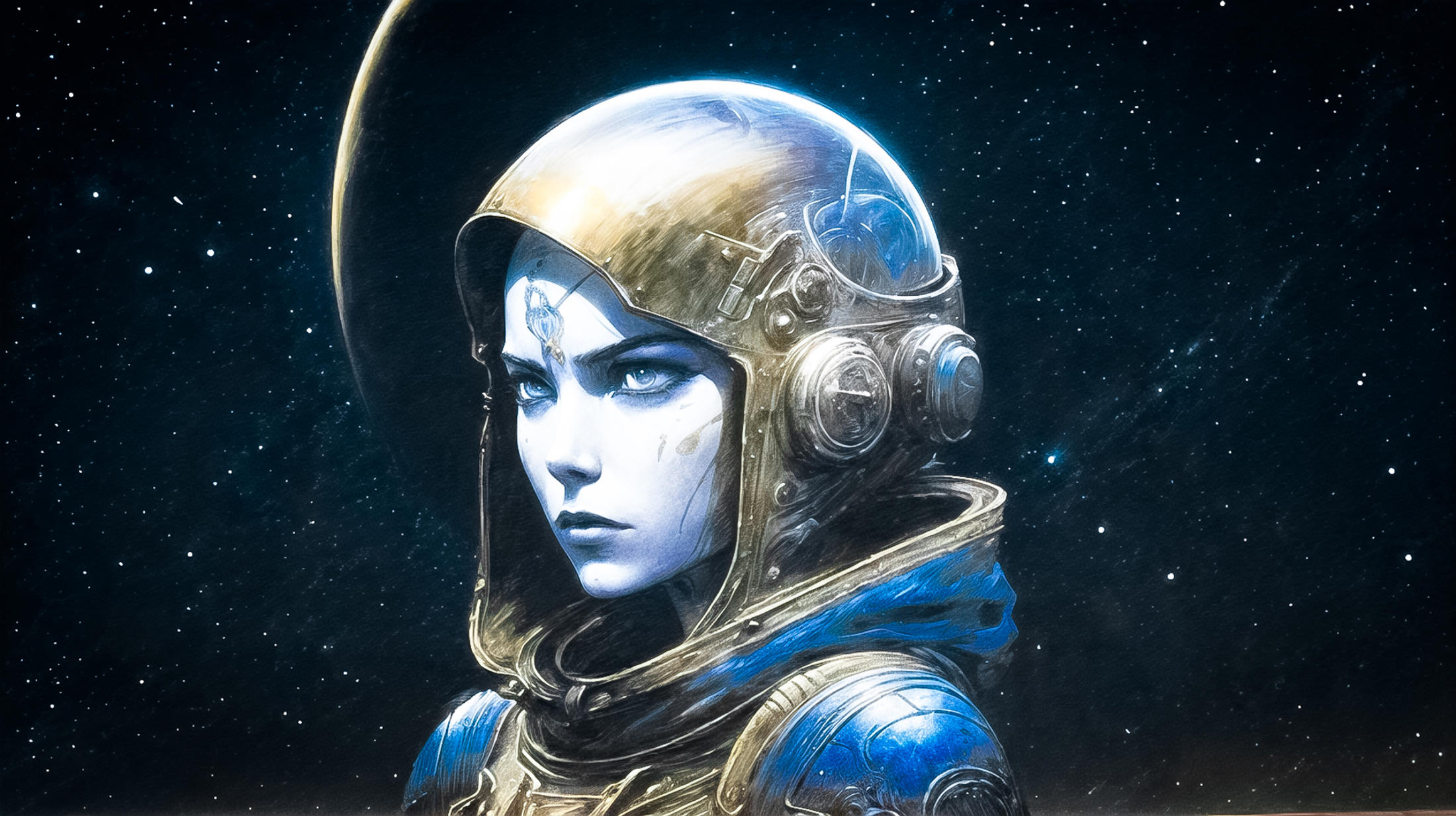 A woman wearing a blue and gold space suit with a helmet.