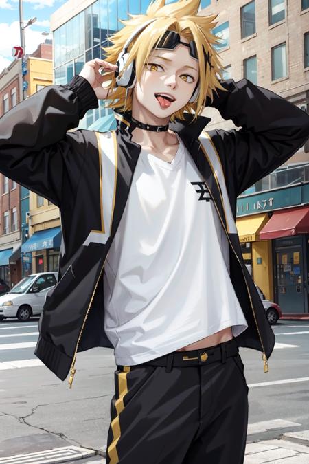 kaminari denki\(boku no hero academia\), 1boy, solo, looking at viewer, male focus, bangs, short hair, blonde hair, multicolored hair, spiked hair, yellow eyes, tongue, tongue out, smile, headphones, antenna, choker, long sleeves, white shirt, goggles on head, open clothes, day, open jacket, black jacket, black pants,