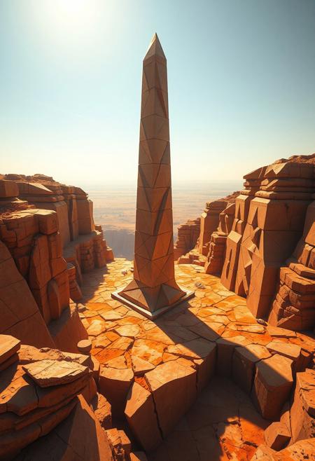 (ugly:-1.3), sculptural and angular, (cartoonish:-1.1), infinite geometry in stone, intersecting planes of stone and landscape, oranges, minimal organic details, sharp angular edges, fragmented surfaces, (noisy:-1.1), (smooth surfaces:-1.4), (emphasis on complex geometric obelisk forms:1.6), (polished:-1.3), flowing yet sharp surfaces, exaggerated geometric structure, savannah, photorealism, (bad composition:-1.3), high resolution, (disjointed anatomy:-1.3), (overly ornate:-1.5), (blurry:-1.2), vibrant colors across surfaces, fractured terrain surrounding the obelisk, multichromatic oil pastel hues reflecting in harsh sunlight, rigid and brutalist structure, yellows, saturated earthy tones, deep reds,obelisk, recursive shapes along the obelisk, glowing light from the horizon, sharp geometric shadow forms, dystopian vibe, (low quality:-1.2), intricate fractal patterns, interlocking polygonal faces, unsettling