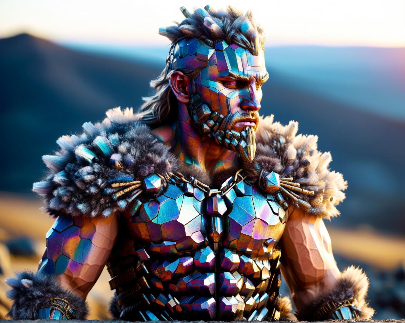 Man with a beard and shaggy hair wearing a colorful chest piece and standing in front of a mountain.