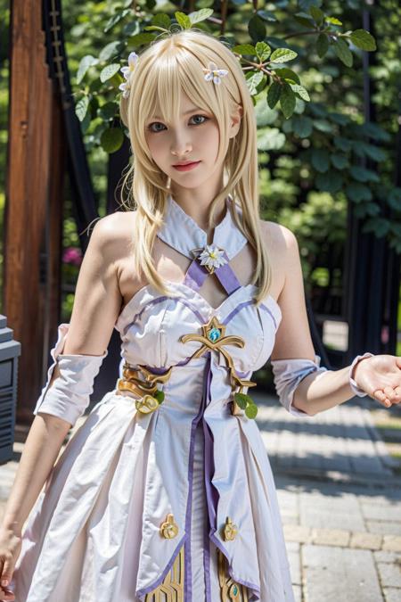 <lora:Lumine:0.65>, (((1girl))), (cowboy shot), lumine_genshin, blonde hair, hair flower, hair between eyes, hair ornament, bangs, white dress, detached sleeves, bare shoulders, (standing), (smile:0.8), upper body, outdoors, european town, european style houses, (castle), flowers, green plants, noon, streets, sunshine, upper body,